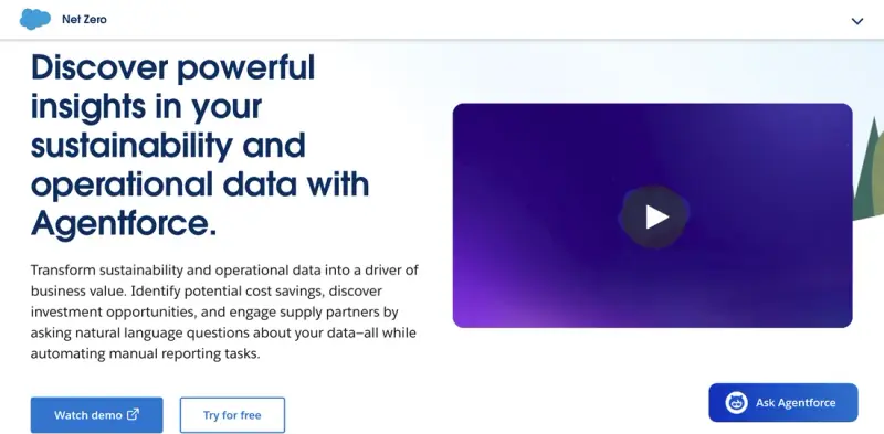 Carbon reporting software &mdash; Salesforce Net Zero Cloud homepage screenshot