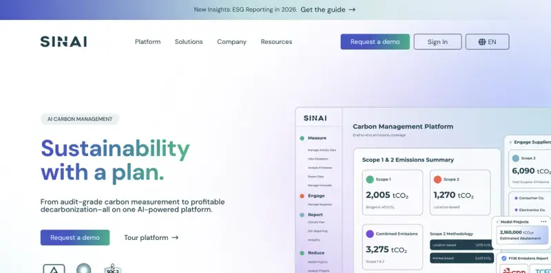 Carbon accounting software &mdash; SINAI Technologies homepage screenshot