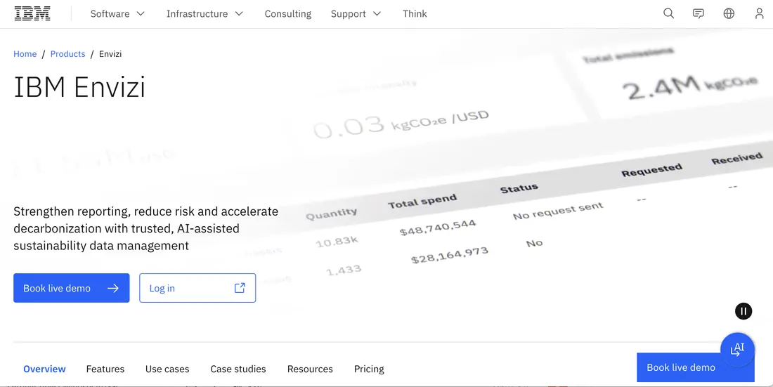 IBM Envizi ESG Suite carbon reporting software — homepage screenshot